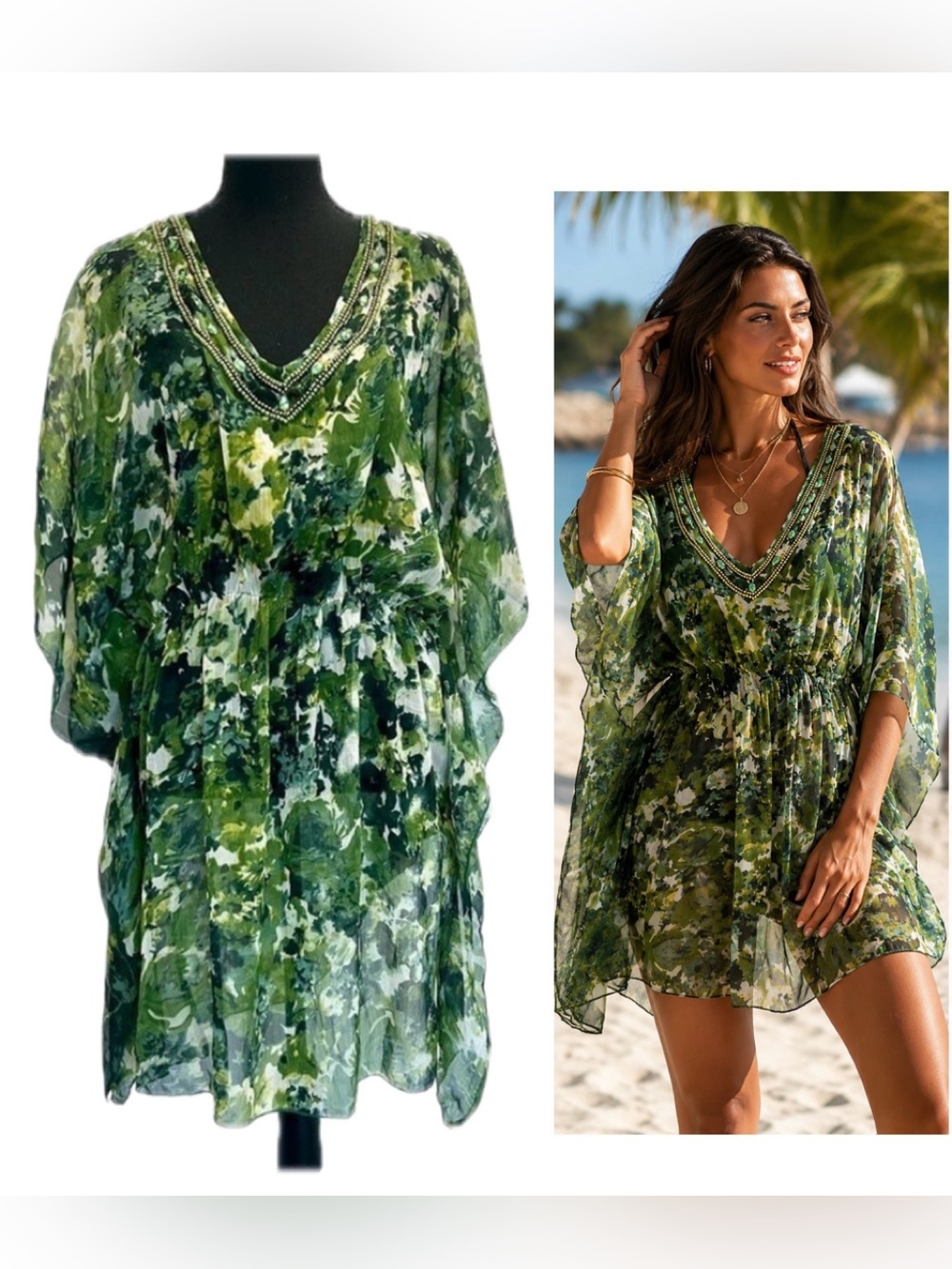 Nisha Creations Green yellow semi sheer chiffon beaded beach cover up blouse